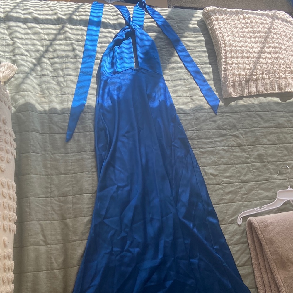 CLARABELLE HALTER NECK THIGH SLIT MIDI DRESS IN COBALT BLUE